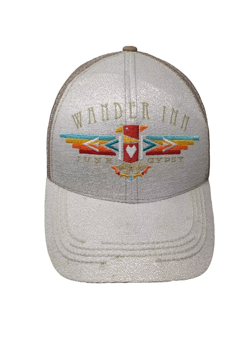 Junk Gypsy Wander Inn White Baseball Cap Hat OS Adjustable Mesh Glitter Shimmer